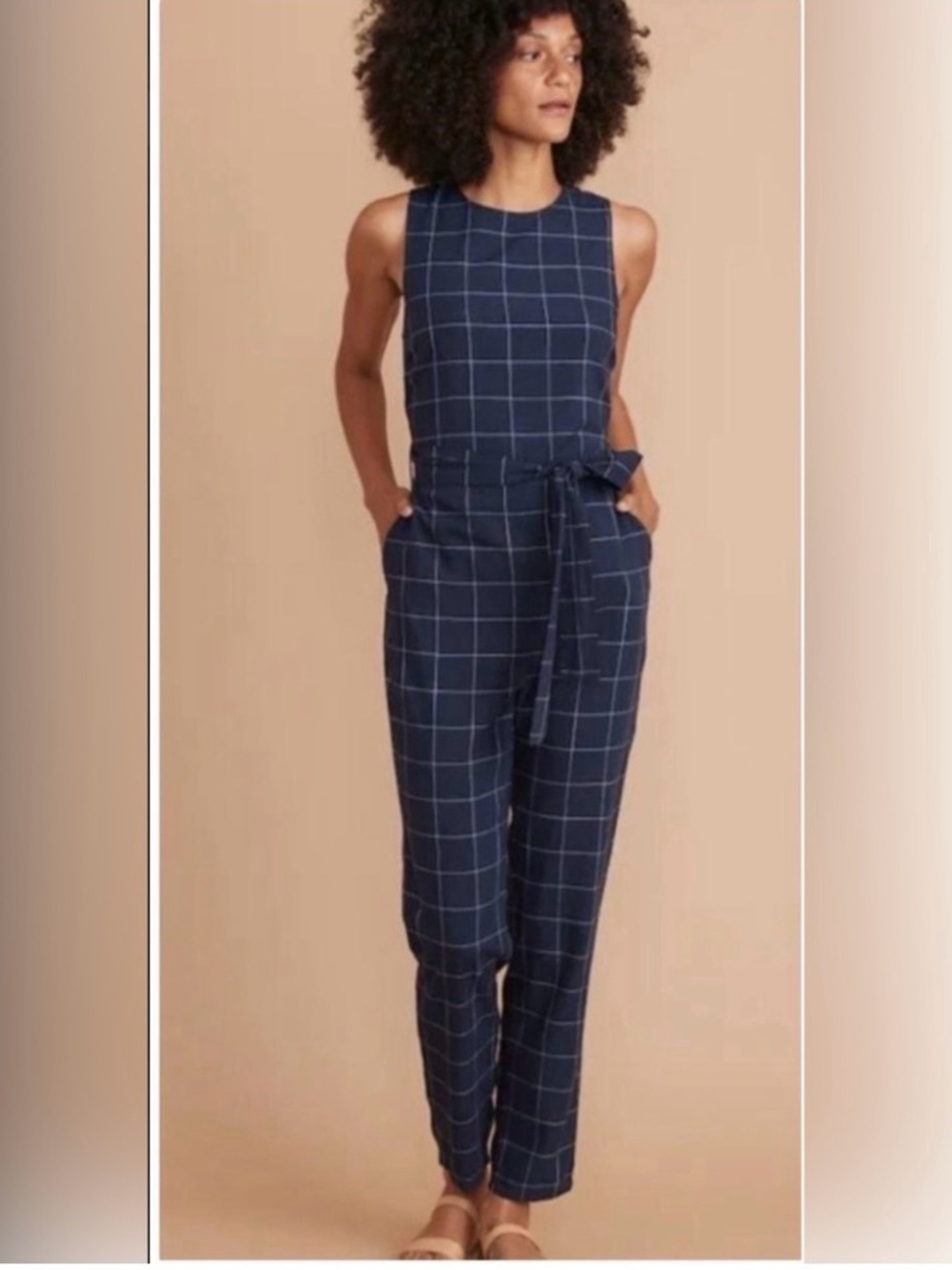 Marine Layer Navy Windowpane Sleeveless Tie-Waist Jumpsuit